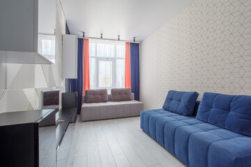 light Living room with 3D Embossed Decorative Wall Panel with White and blue sofa