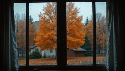Autumn view from a window with rainy weather and vibrant orange trees outside