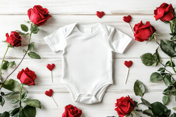 Baby onesie jumpsuit product mockup. Valentine's Day craft product mockup styled with red roses, and heart shaped lollipops against white wood background. 