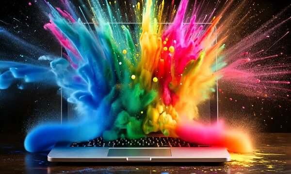 A vibrant explosion of colors emanating from a laptop, symbolizing creativity and innovation.