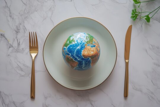 World food day concept  a globe on a plate with cutlery against a light background