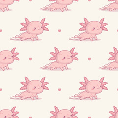 Seamless pattern cute pink Axolotl on white background. Funny Little cartoon kawaii character. Vector illustration. Kids collection.