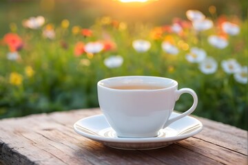 Obraz premium close-up of a white ceramic tea cup on a wooden table in a colorful flower field with copy space.