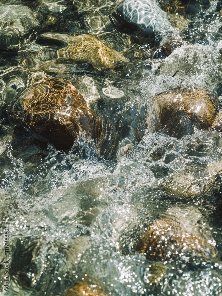 Poster a natural river scene showing a fast-flowing stream with many rocks visible in the water.