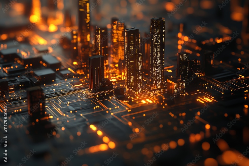 Poster abstract digital cityscape featuring illuminated lines and data visualization elements