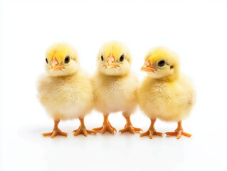 Fototapeta premium Three young chicks standing together. Animal husbandry. Pet or farm.