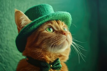 Happy St Paddy's Day with a whimsical cat in a St Patrick's hat and bow tie.