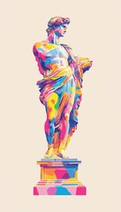 A colorful statue of a man with a book in his hand. The statue is on a pedestal and is surrounded by a colorful background. The statue seems to be a representation of knowledge and wisdom