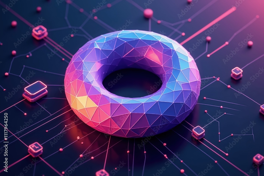 Poster futuristic 3d torus structure with polygonal texture, connected by glowing digital circuits.