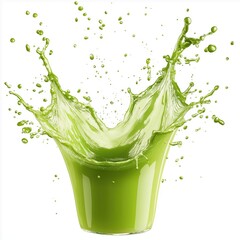 A glass of green juice with a white splash in the middle. The juice is a vibrant green color, and the splash is a contrasting white color. The splash is positioned in the center of the glass