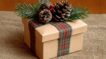 A Brown Gift Box Decorated with Pine Cones, Pine Branches, and Red Berries