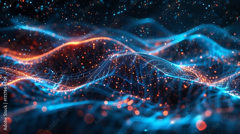 Poster abstract wave with moving dots and lines. flow of particles, technology background.