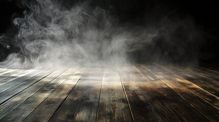 Smoke Rising Over Empty Wooden Floor with Dramatic Lighting