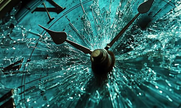 A close-up of a shattered clock face with broken glass and Roman numerals.