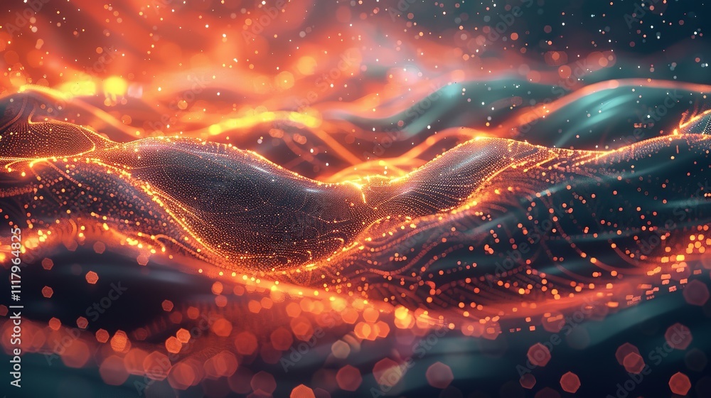 Poster abstract wave with moving dots and lines. flow of particles, technology background.