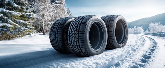 Winter Tires on Snowy Road. AI generated illustration