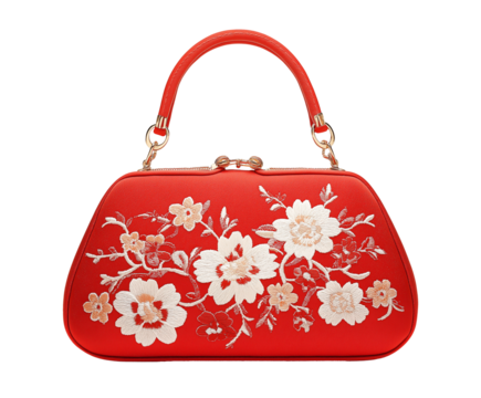 Chinese fashion red handbag, traditional embroidered with golden floral pattern, cutout png
