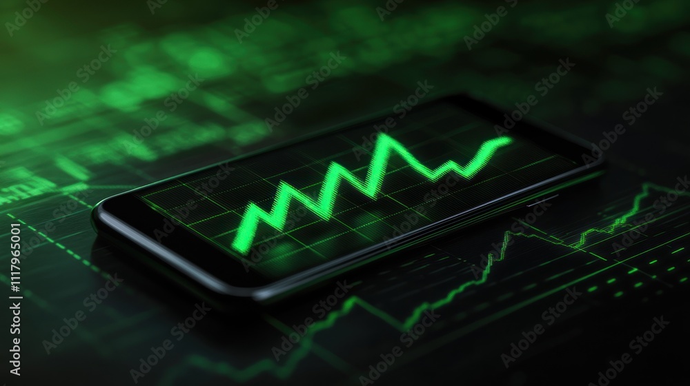 Poster here's a and keyword list for your stock photo.. mobile phone displays upward trending green graph o