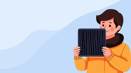 A person in a yellow jacket holds a filter or solar panel, showcasing new technology against a light blue background.