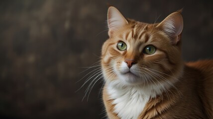 Fototapeta premium Close-up portrait of a ginger cat with green eyes, looking to the side against a dark brown background.