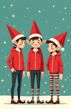 Three elves in red caps, striped golfs. Full length. Light festive background.