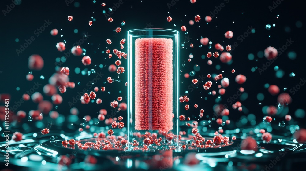 Poster A futuristic glass container filled with vibrant red particles, surrounded by floating droplets, creating a dynamic and visually striking composition.