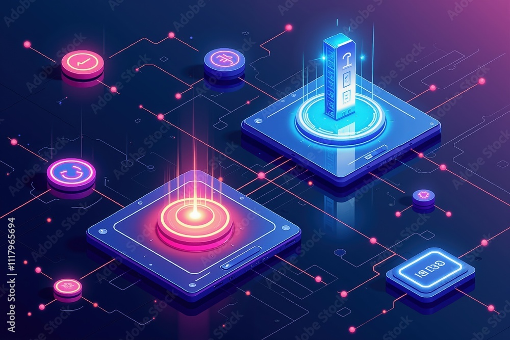 Poster futuristic digital circuit board with neon icons and high-tech interfaces