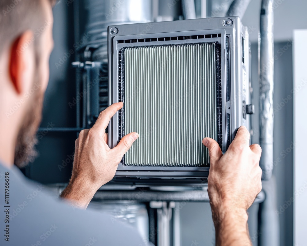 Poster a person is installing or replacing a filter in a mechanical system, focusing on maintenance and air