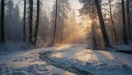 Fototapeta premium Winter morning sunlight filters through trees over a snowy creek
