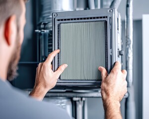 A person is installing or replacing a filter in a mechanical system, focusing on maintenance and air quality improvement.