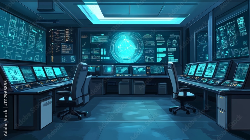 Poster a futuristic control room filled with monitors and technology for data analysis and operations.