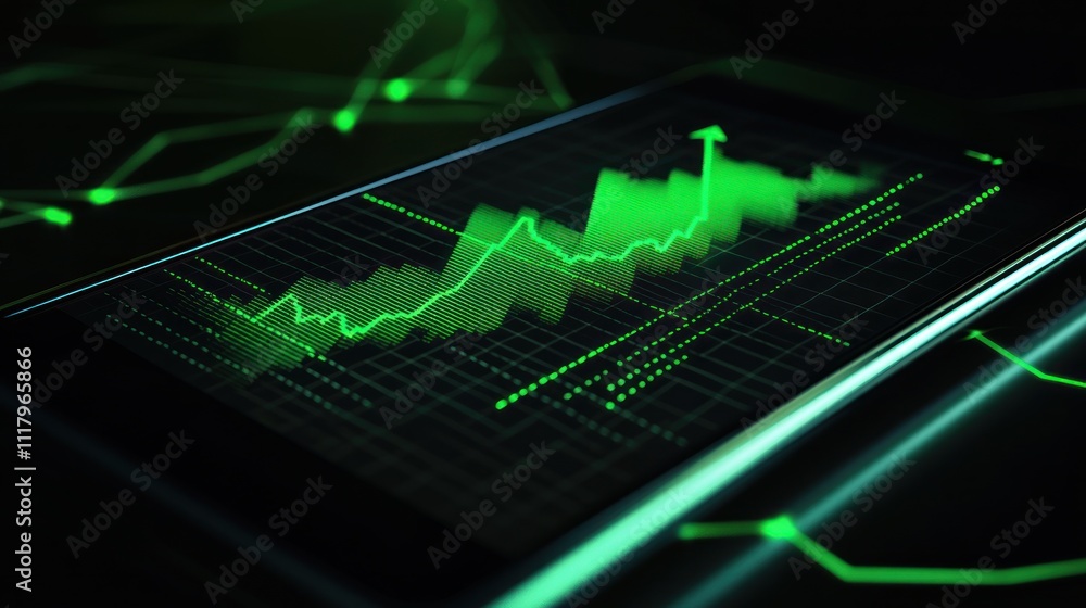 Aufkleber here's a possible and keyword list for your stock photo.. smartphone displays upward trending green 