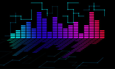 Abstract background, digital equalizer bar graph, digital graphic illustration, frequency graph, sound wave, gradient color bar.