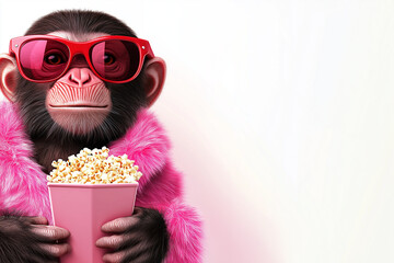 Fototapeta premium A playful monkey wearing bright red sunglasses, holding a box of popcorn with a cheeky smile, creating a fun and vibrant scene.