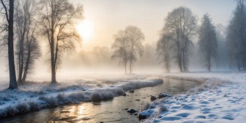 Misty winter sunrise over a frozen river and trees in a serene landscape