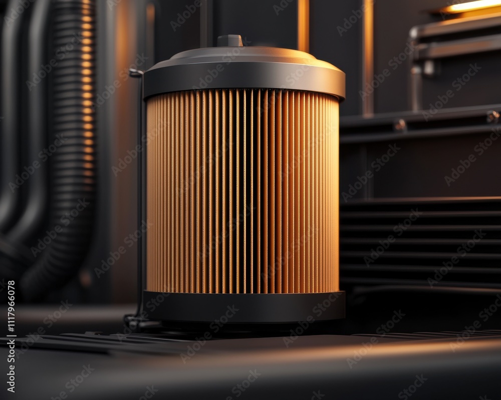 Aufkleber A close-up view of a cylindrical filter with a ribbed design, highlighted by soft lighting, showcasing its operational environment.