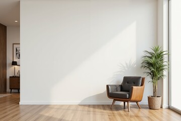 Minimalistic modern living room with armchair, potted plant, and wooden flooring in natural light