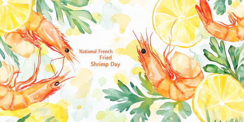 Watercolor illustration of shrimp with lemon slices and greens, celebrating National French Fried Shrimp Day.