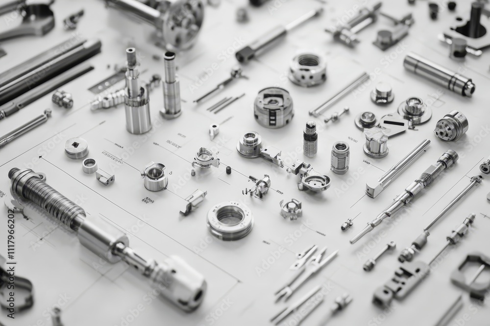 Poster intricate mechanical components arranged on technical blueprint showcasing engineering innovation