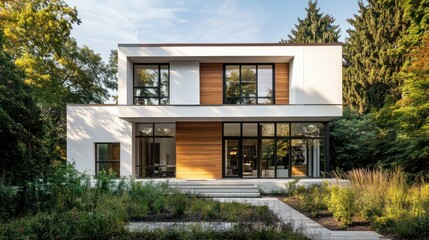 Fototapeta premium A two-story minimalist modern house with a symmetrical design, featuring an open floor plan and large windows, background AI generated image