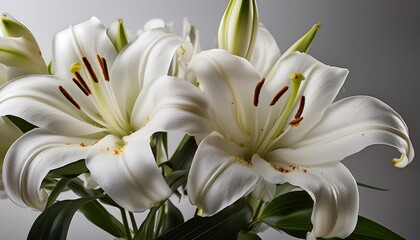 Fototapeta premium A cluster of elegant white lilies is in focus against a soft gray background.