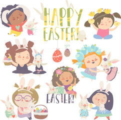 Cute little girls with Easter theme. Happy Easter. Vector set