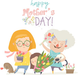 Illustration of three generations of women of different ages from child to young adult mother and senior grandmother