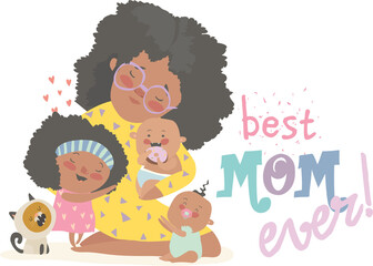 Happy african-american woman sitting with her children.Mothers day holiday concept. Vector illustration