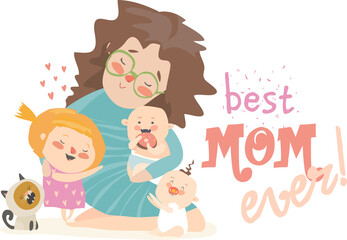 Happy woman sitting with her children.Mothers day holiday concept. Vector illustration