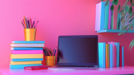Artistic home office with a laptop, a stack of colorful books, and quirky desk accessories for a playful and creative feel