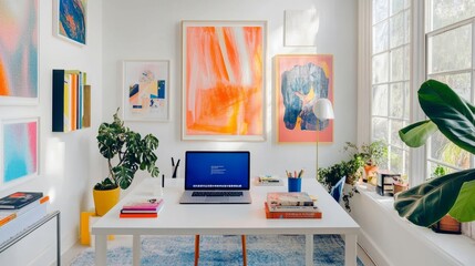 Bright and airy home office with a laptop, colorful books on the desk, and a gallery wall featuring bold artwork