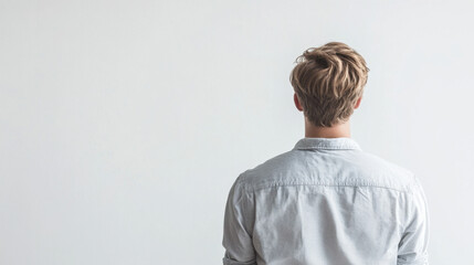 Young Caucasian male with blonde hair wearing a light shirt, standing in front of a plain white background, viewed from the back.