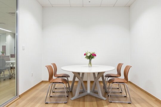 Modern meeting room with minimalist design featuring round table and brown chairs