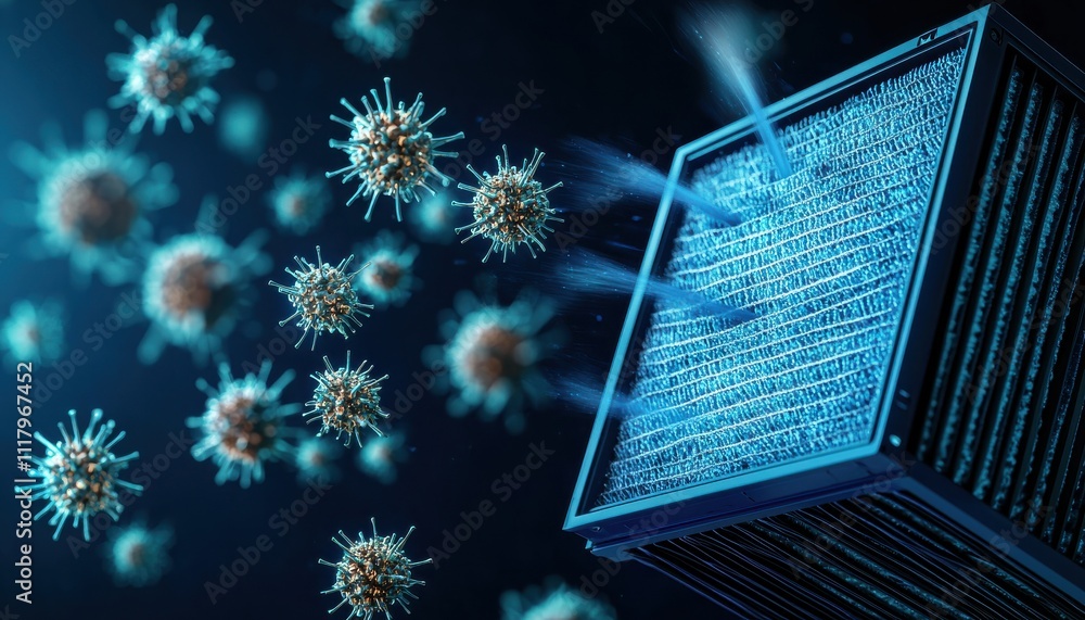 Poster the image depicts a filter releasing air while surrounded by virus-like particles, highlighting air 
